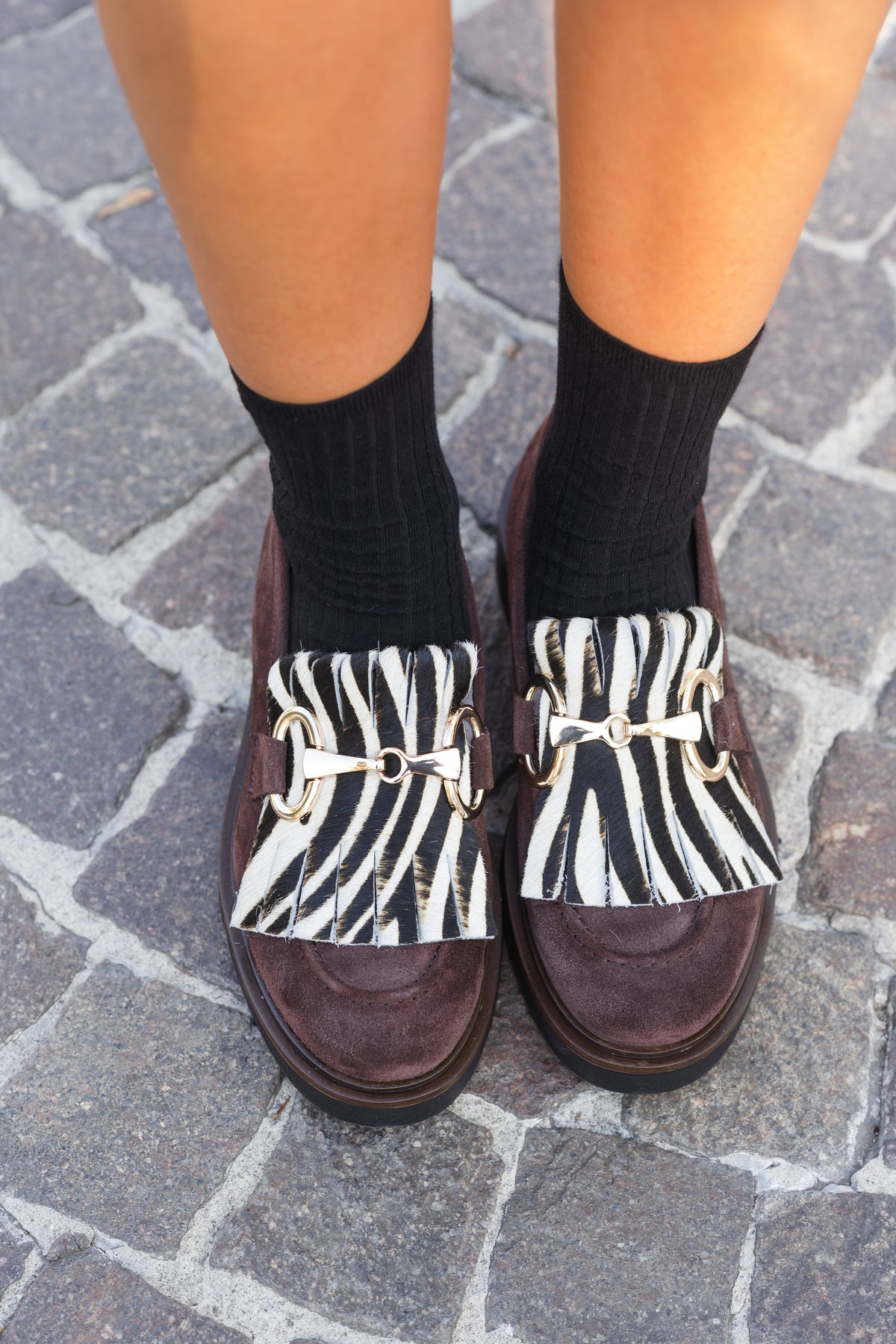 Mocassino donna in camoscio testa di moro con frangia zebrata - Art. BI750